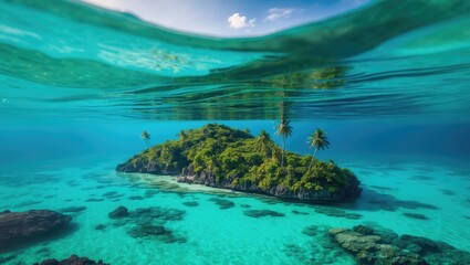 Poster - Gorgeous aquatic scene of an isolated small island both above and below the surface in turquoise waters.