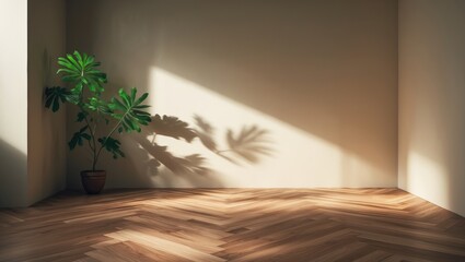 Poster - Minimalist interior showcasing a potted plant and wood flooring with a chevron design.