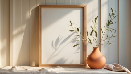 Poster - Mockup of an empty wooden portrait frame illuminated by sunlight. Modern organic vase with an olive branch. Tablecloth in beige linen. Background featuring white wainscot wall paneling. Interior