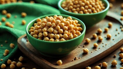 Aufkleber - Detailed view of a ceramic bowl containing dried chickpeas on a wooden tray with scattered legumes against a textured backdrop, showcasing natural food presentation