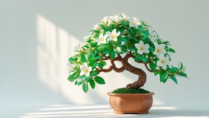 Poster - Plastic bonsai tree featuring green leaves and white flowers for indoor decor