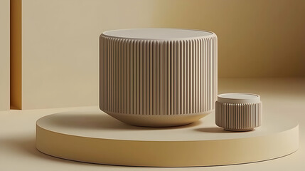 Wall Mural - beige cylindrical display stands on platform; minimalist product showcase; studio background; mockup