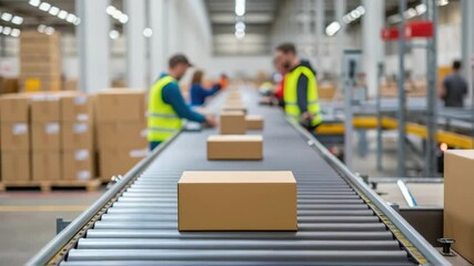 Aufkleber - Cardboard box moving on conveyor belt in distribution warehouse