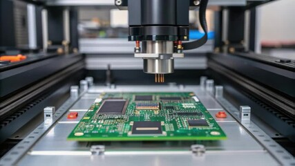 Aufkleber - Robotic arm placing components on circuit board in electronics factory