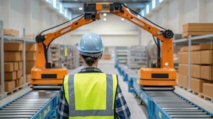 Aufkleber - Warehouse supervisor monitoring automated robotic arms lifting boxes