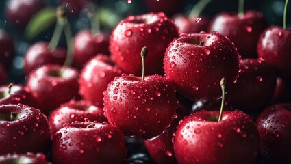 Aufkleber - Water-Dropped Red Cherries Just Picked from the Tree