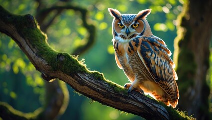 Poster - Owl resting on a tree limb staring at the camera in the forest