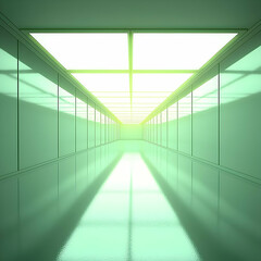 Wall Mural - bright green hallway, glass walls, modern architecture, light source at the end, empty space