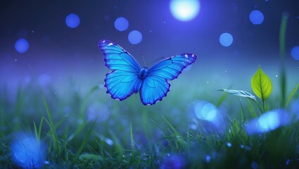Poster - Butterfly on the grass of a meadow at night illuminated by the moonlight in shades of blue and purple, macro. A stunning magical artistic vision of a dream.