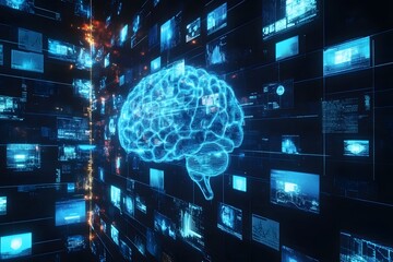 Poster - Digital representation of a human brain with advanced technology and data visualizations in a futuristic setting
