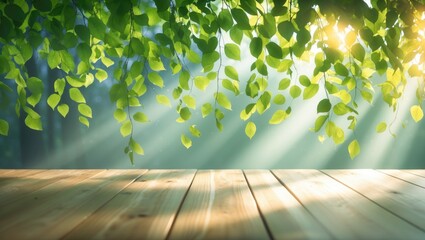 Aufkleber - Bright spring and summer background with vibrant green birch leaves, sun rays, and a wooden table, emphasizing natural and floral elements.