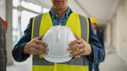 Poster - Construction manager presenting a safety helmet