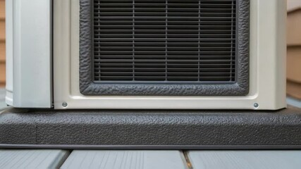 Poster - Heat pump standing on wooden patio generating hot air