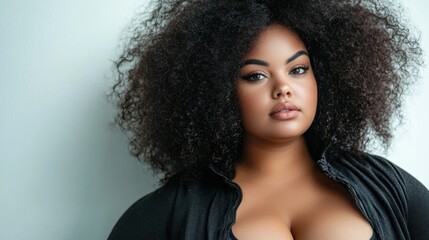 Wall Mural - a woman with curly hair wearing a black jacket, standing against a white background.