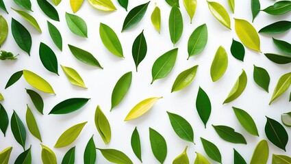 Poster - Collection of airborne citrus leaves on a white backdrop