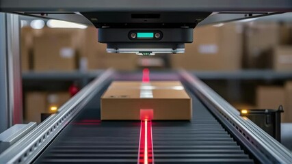 Aufkleber - Automatic scanner identifying package on conveyor belt in distribution warehouse