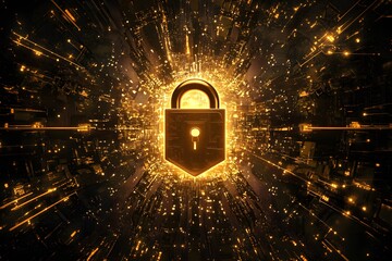 Poster - Digital security and data protection concept displaying a gold padlock surrounded by technological elements and data streams.