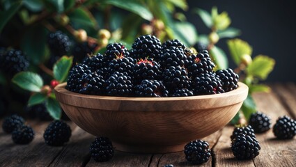 Aufkleber - Fresh blackberries in a bowl placed on a wooden surface