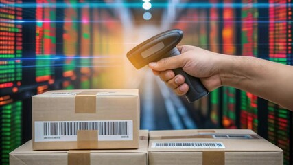 Poster - Warehouse worker scanning barcodes on cardboard boxes