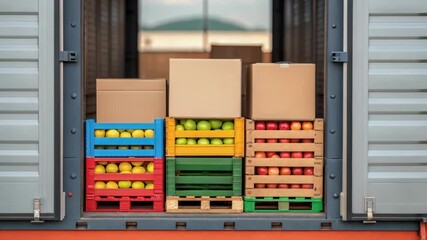 Poster - Shipping container slowly opening, revealing fresh fruit on pallets