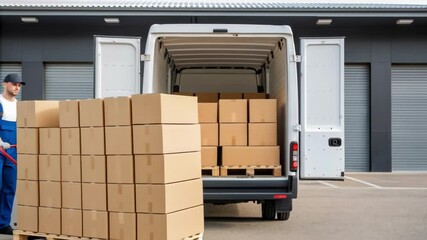 Poster - Warehouse worker loading delivery van with cardboard boxes on pallets