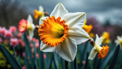 Poster - Daffodil with orange and white petals amidst a cloudy sky and nearby flowers