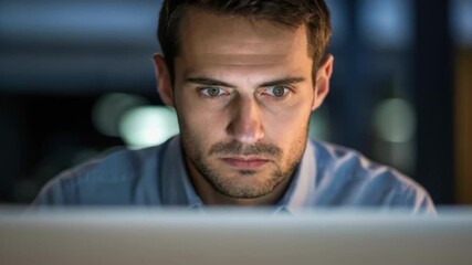 Poster - Focused businessman working late at night on laptop