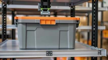 Aufkleber - Robotic arm moving plastic box on warehouse shelf