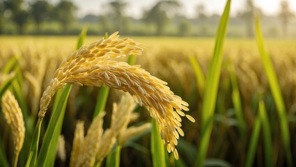 Poster - Close-up of Thai rice seeds in a paddy ear. Beautiful golden rice field with rice ear.
