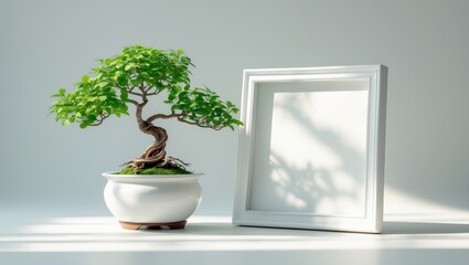 Poster - Home shelf positioned against a white wall with a mockup frame for text or graphics, featuring a bonsai in a white pot, designed in Scandinavian style.