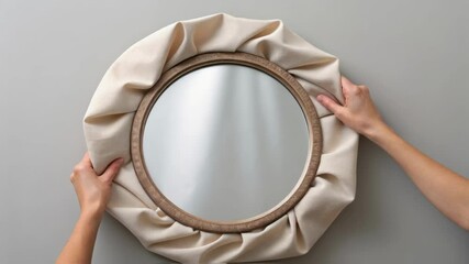 Poster - Woman arranging fabric around circular mirror on gray background