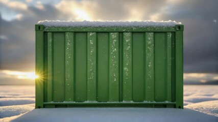 Poster - Green shipping container covered with snow at sunset in winter landscape