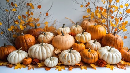 Poster - Stunning autumn decor featuring a fall pumpkin arrangement, set against a white backdrop with yellow and orange dried leaves and branches