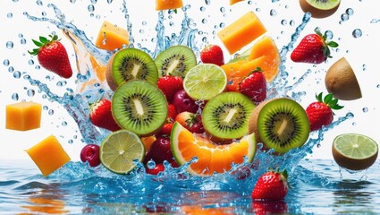 Poster - Fresh fruits splashing in water, set against a background