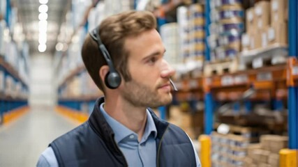 Poster - Warehouse worker wearing headset looking around
