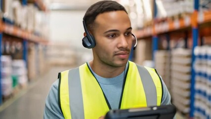 Poster - Warehouse worker managing inventory with digital tablet and headset