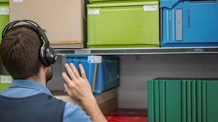Poster - Warehouse worker wearing headphones searching for items on shelves