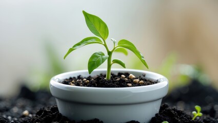 Aufkleber - Close-up view of a young chili seedling in a white pot with a blurred backdrop.