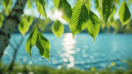 Poster - Detailed view of green birch leaves with a lake scenery behind