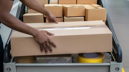 Poster - Courier arranging packages on cart for delivery