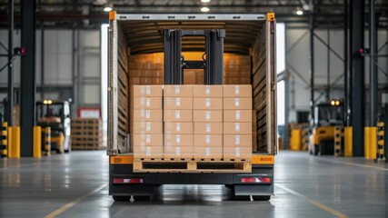 Poster - Forklift loading cardboard boxes onto truck in warehouse
