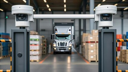 Poster - White semi trailer truck entering warehouse through security gate