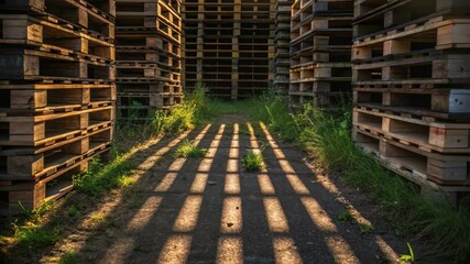 Poster - Warm sunlight casting shadows through wooden pallets