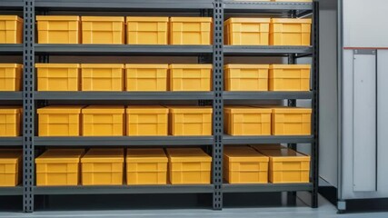 Poster - Warehouse worker picking up yellow boxes from shelves