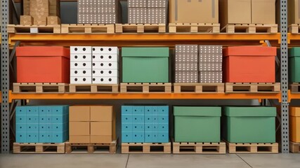 Poster - Warehouse logistics, colorful boxes moving on pallets in storage