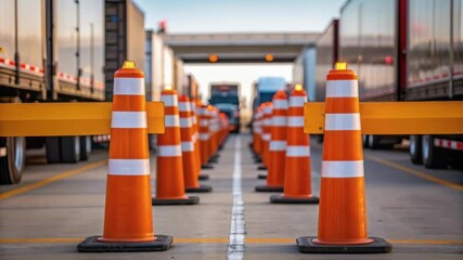 Poster - Orange traffic cones guiding trucks at a logistics hub