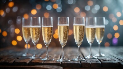 Poster - Luxury sparkling wine in glasses set on wooden table with vibrant blurred background