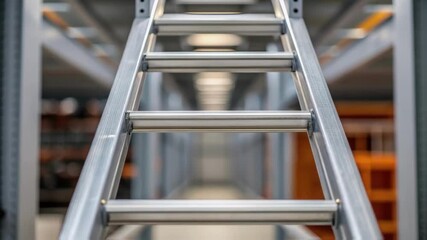 Poster - Metal ladder extending into warehouse depth with blurred background