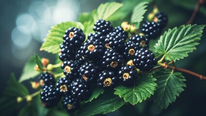 Poster - Close-up of a ripe blackberry on the branch amidst leaves