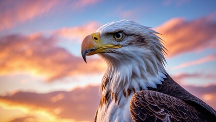 Aufkleber - Bald eagle displaying open beak. Profile view. A vibrant sunset sky with clouds is in the background.
